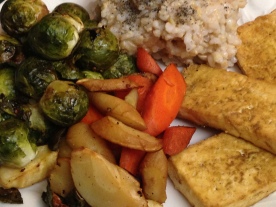 Roasted Brussels sprouts, parsnips & carrots w/ baked tofu